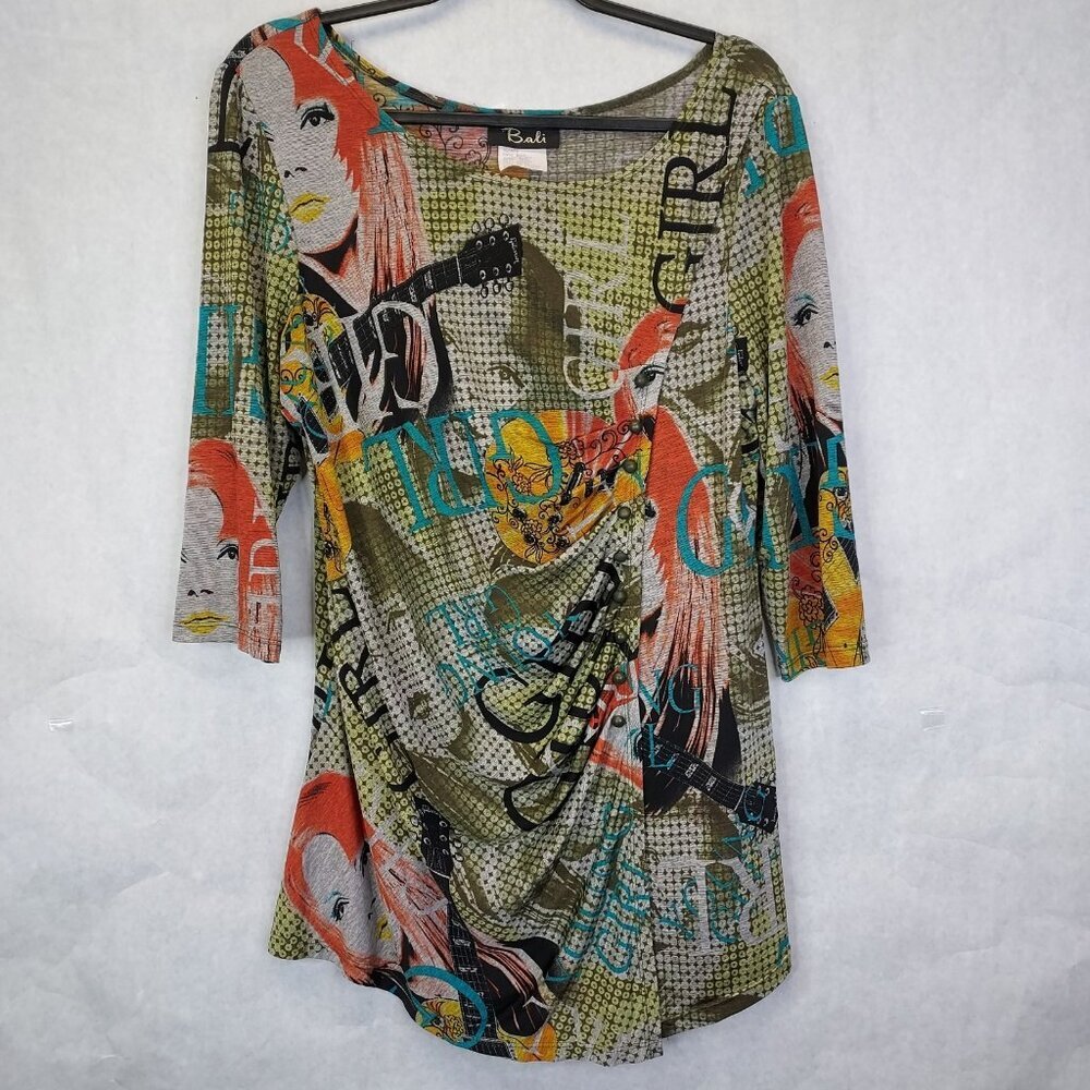 Bali Tunic Blouse Women XL Abstract Art To Wear Young Girl Script Guitar Y2K VTG